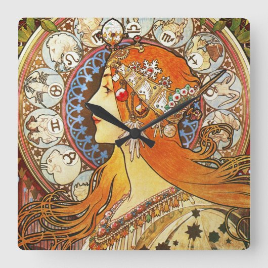 Alphonse Mucha La Plume Zodiac Art Vierkante Klok (Voorkant)