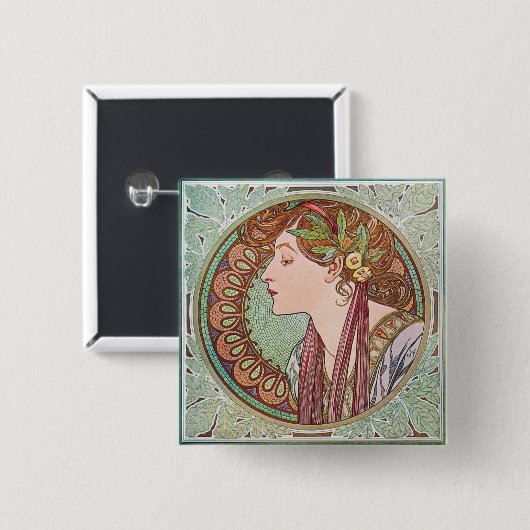 Alphonse Mucha Laurel Art Nouveau Square Button (Voorkant /achterkant)