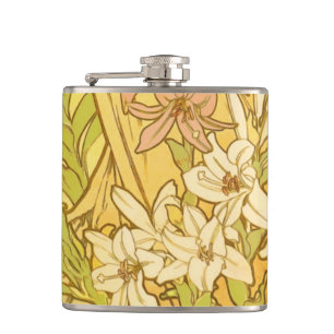 Alphonse Mucha Lelie Bloemen Patroon: Art Nouveau Heupfles