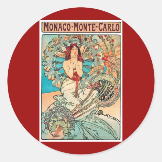 Alphonse Mucha Monaco, Monte-Carlo, 1897 Ronde Sticker (Voorkant)
