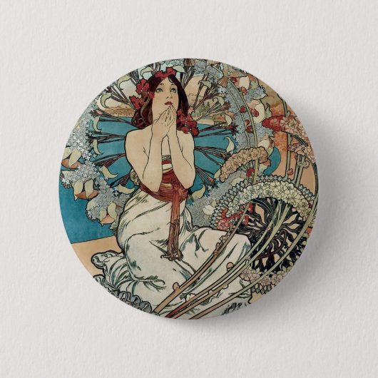 Alphonse Mucha ~ Monaco Monte Carlo Art Nouveau Ronde Button 5,7 Cm (Voorkant)
