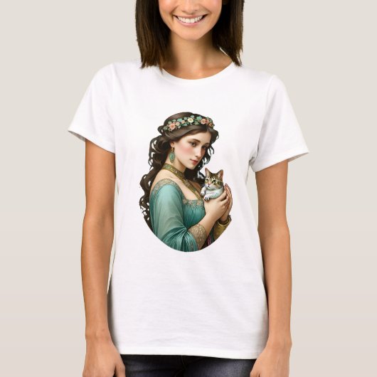 Alphonse mucha, mooi meisje met poes,  t-shirt (Voorkant)