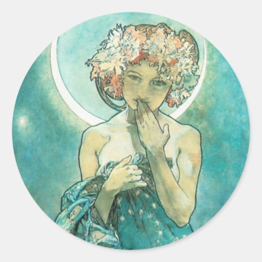 Alphonse Mucha Moonlight Clair de Lune Art Nouveau Ronde Sticker (Voorkant)