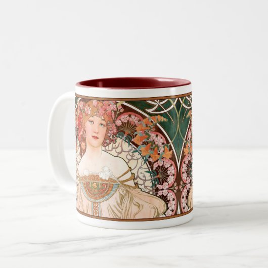 Alphonse Mucha Nouveau Lady Coffee Mok in Pinks (Voorkant links)
