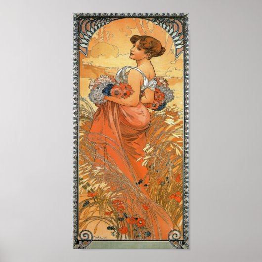 Alphonse Mucha Painting - Voman Holding Flowers Poster (Voorkant)