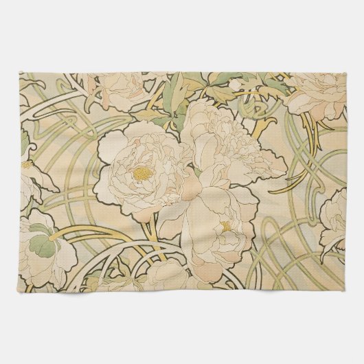 Alphonse Mucha Peonies Peony Rozen Fawn 1897 Theedoek (Horizontaal)