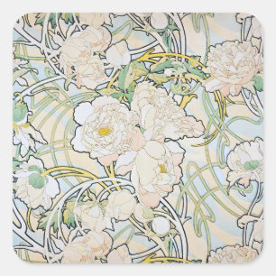 Alphonse Mucha Peonies Vierkante Sticker