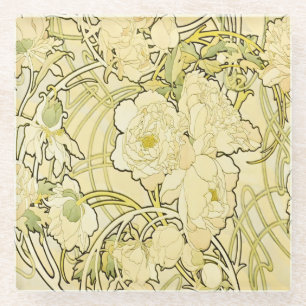 Alphonse Mucha Pioenrozen Art Nouveau Bloempatroon Glazen Onderzetter
