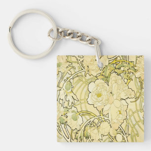 Alphonse Mucha Pioenrozen Art Nouveau Bloempatroon Sleutelhanger