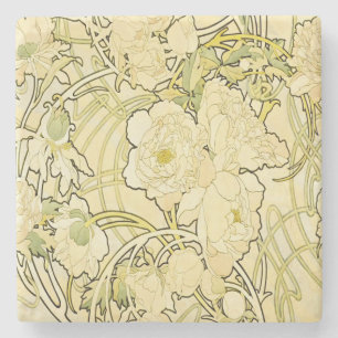 Alphonse Mucha Pioenrozen Art Nouveau Bloempatroon Stenen Onderzetter