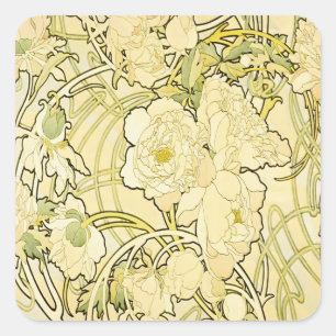 Alphonse Mucha Pioenrozen Art Nouveau Bloempatroon Vierkante Sticker