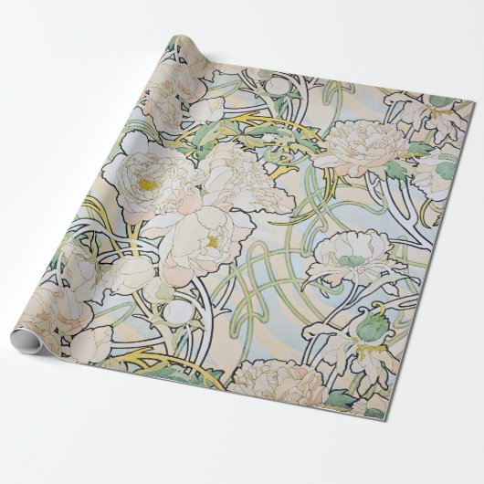 Alphonse Mucha Pioenrozen Cadeaupapier (Uitgerold)