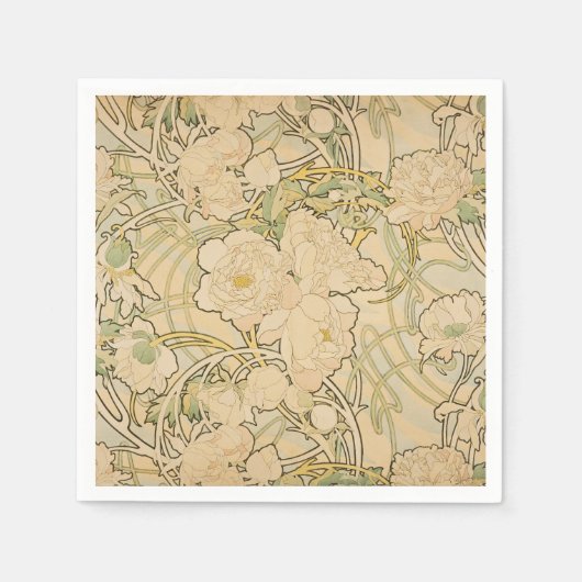 Alphonse Mucha Pioenrozen Pioen Rozen Ree 1897 Servetten (Voorkant)