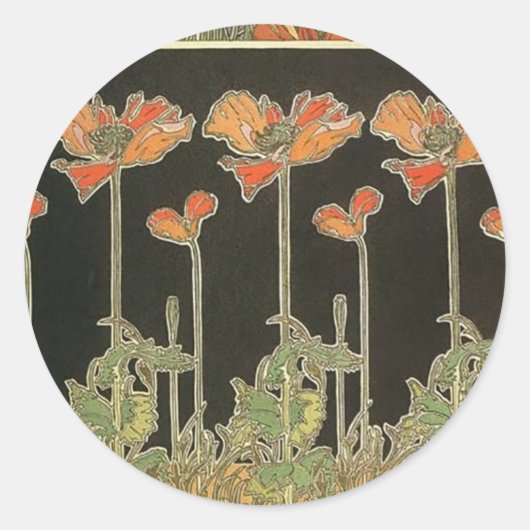 Alphonse Mucha  Popular Art Nouveau Poppies Ronde Sticker (Voorkant)