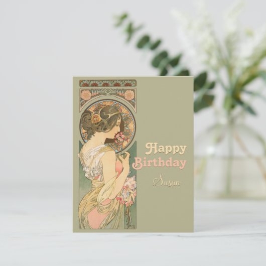Alphonse Mucha Primrose CC0638 Birthday Greeting Kaart (Staand voorkant)