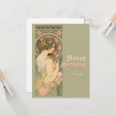 Alphonse Mucha Primrose CC0638 Birthday Greeting Kaart (Voorkant / Achterkant in situ)
