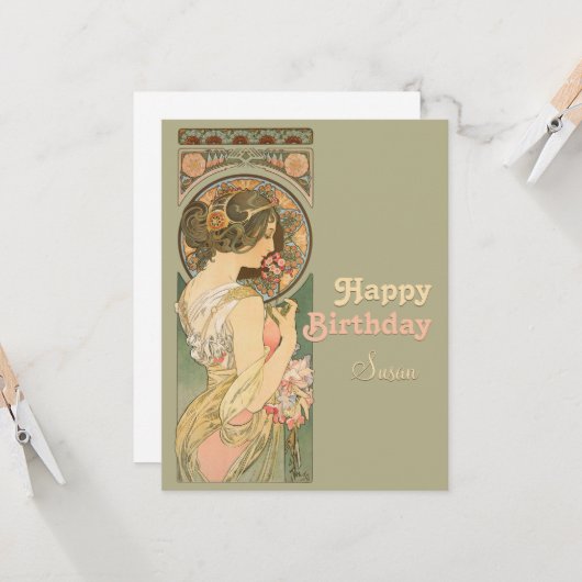 Alphonse Mucha Primrose CC0638 Birthday Greeting Kaart (Voorkant / Achterkant in situ)