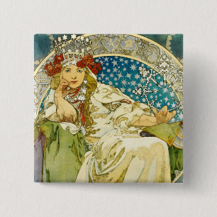 Alphonse Mucha Princess Hyacinth Art Nouveau Vierkante Button 5,1 Cm