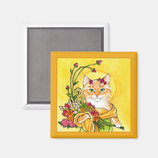 Alphonse Mucha spoof Cat flower magnet (Voorkant / Achterkant)