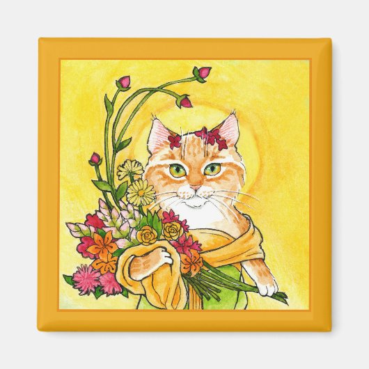 Alphonse Mucha spoof Cat flower magnet (Voorkant)