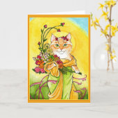 Alphonse Mucha spoof schattige kat wenskaart Kaart (Gele Bloem)