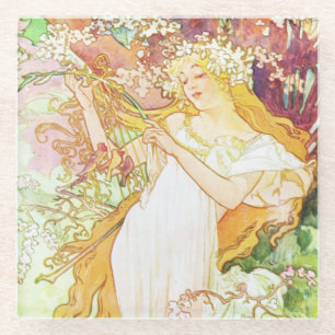 Alphonse Mucha Spring Floral Art Nouveau Glazen Onderzetter