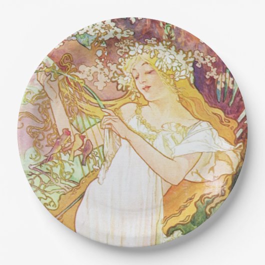 Alphonse Mucha Spring Floral  Art Nouveau Papieren Bordje (Voorkant)