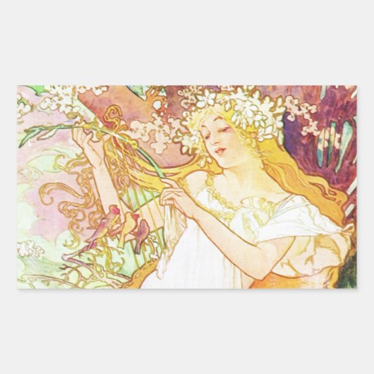 Alphonse Mucha Spring Floral Art Nouveau Rechthoekige Sticker (Voorkant)