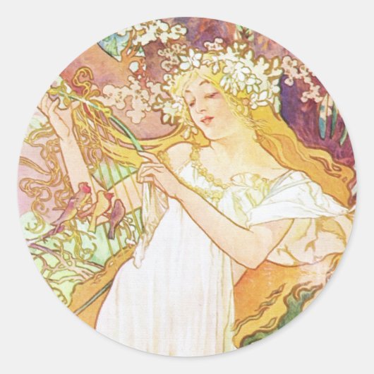 Alphonse Mucha Spring Floral  Art Nouveau Ronde Sticker (Voorkant)