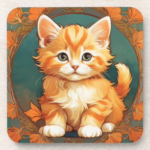 Alphonse Mucha Stijl Oranje Kat Bier Onderzetter
