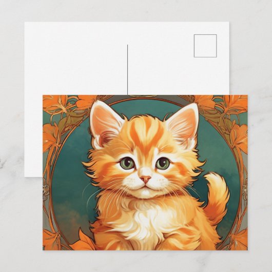 Alphonse Mucha Stijl Oranje Kat Briefkaart (Voorkant / Achterkant)