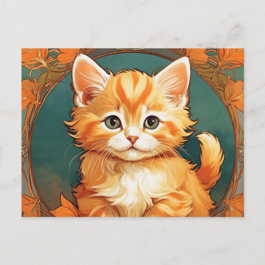 Alphonse Mucha Stijl Oranje Kat Briefkaart (Voorkant)