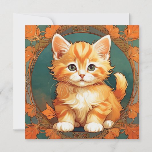 Alphonse Mucha Stijl Oranje Kat Kaart (Voorkant)