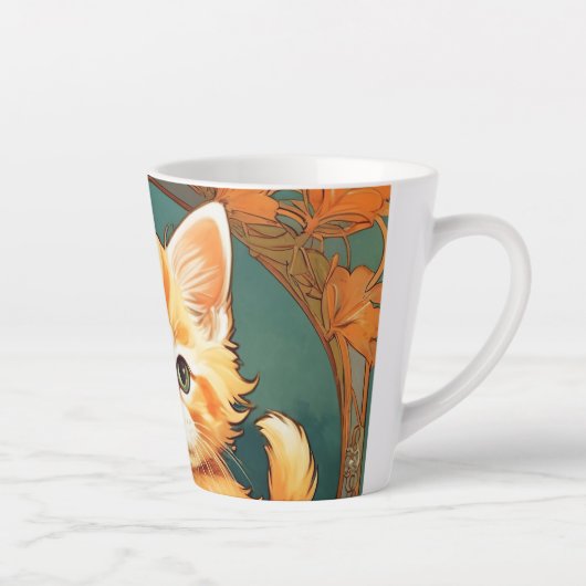 Alphonse Mucha Stijl Oranje Kat Latte Mok (Rechts)