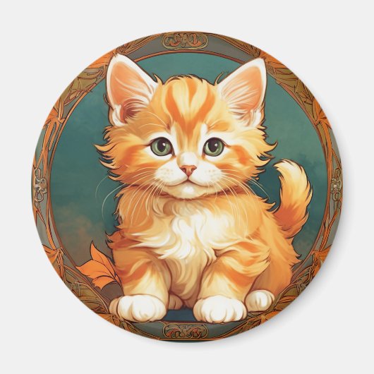 Alphonse Mucha Stijl Oranje Kat Magneet (Voorkant)