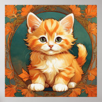 Alphonse Mucha Stijl Oranje Kat