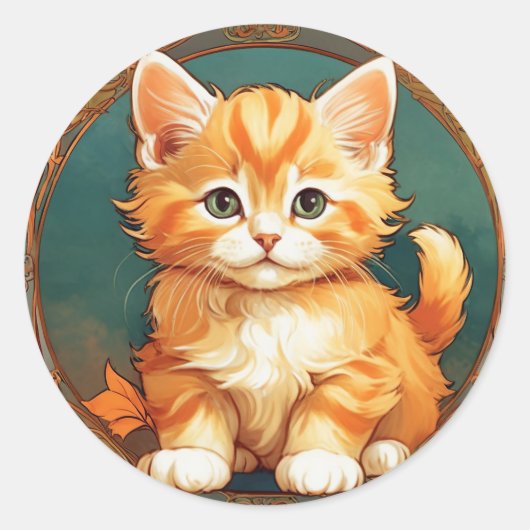 Alphonse Mucha Stijl Oranje Kat Ronde Sticker (Voorkant)
