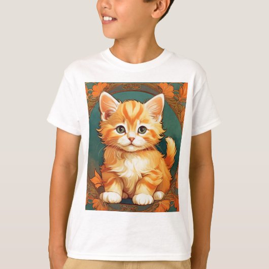 Alphonse Mucha Stijl Oranje Kat T-shirt (Voorkant)