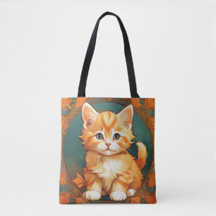 Alphonse Mucha Stijl Oranje Kat Tote Bag