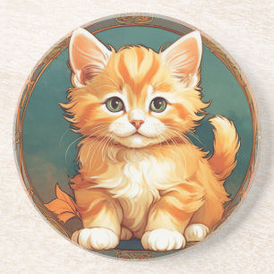 Alphonse Mucha Stijl Oranje Kat Zandsteen Onderzetter