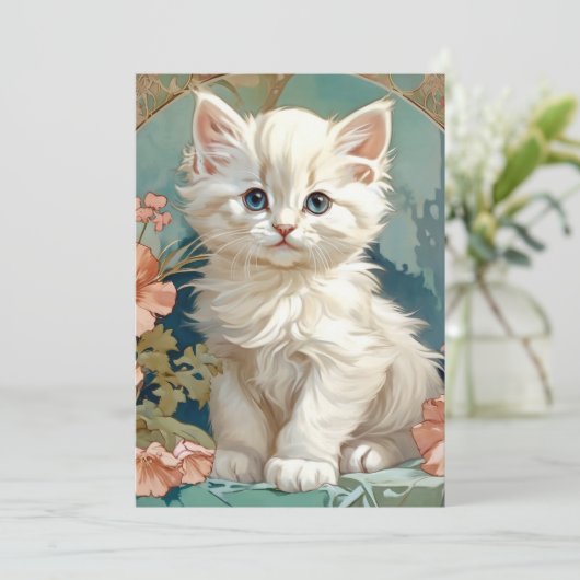 Alphonse Mucha Stijl Witte Kat Aankondiging (Staand voorkant)