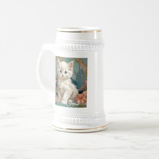 Alphonse Mucha Stijl Witte Kat Bierpul (Voorkant links)