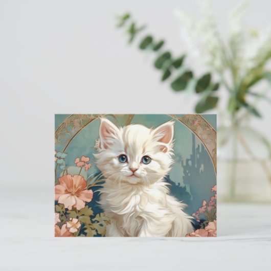 Alphonse Mucha Stijl Witte Kat Briefkaart (Staand voorkant)