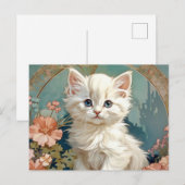 Alphonse Mucha Stijl Witte Kat Briefkaart (Voorkant / Achterkant)