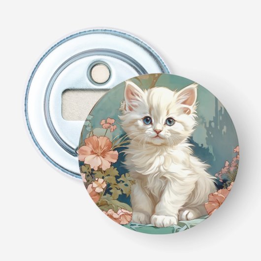 Alphonse Mucha Stijl Witte Kat Button Flesopener (Voorkant)