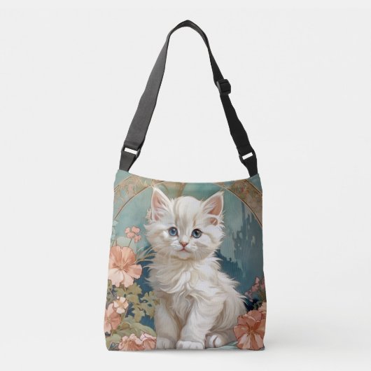 Alphonse Mucha Stijl Witte Kat Crossbody Tas (Voorkant)