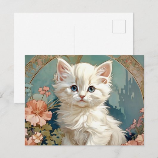 Alphonse Mucha Stijl Witte Kat Feestdagenkaart (Voorkant / Achterkant)