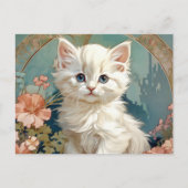 Alphonse Mucha Stijl Witte Kat Feestdagenkaart (Voorkant)