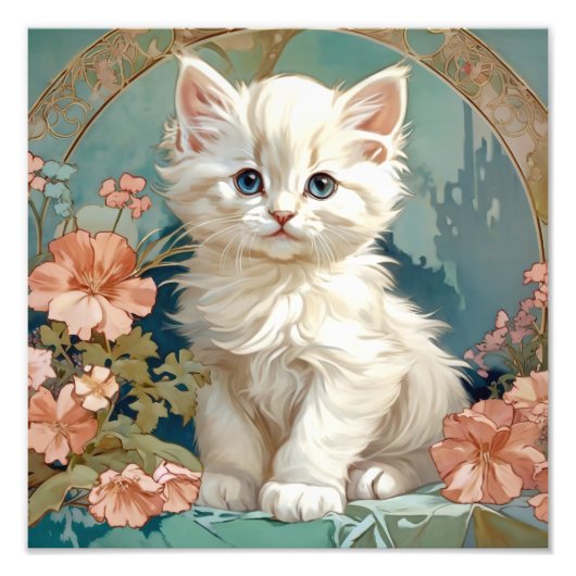 Alphonse Mucha Stijl Witte Kat Foto Afdruk (Voorkant)