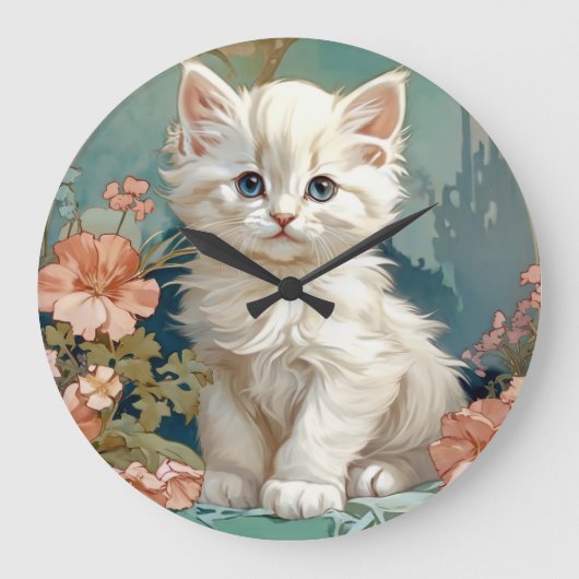 Alphonse Mucha Stijl Witte Kat Grote Klok (Voorkant)